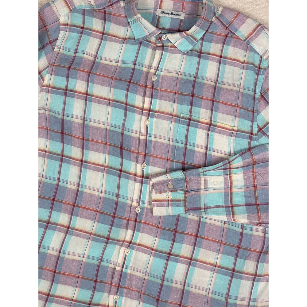 Tommy Bahama Mens XL Linen Plaid Button Up Shirt Aqua Purple Coastal Long Sleeve